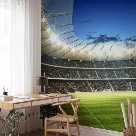 Fototapetti - Football pitch - illuminated stadium with crowded stands