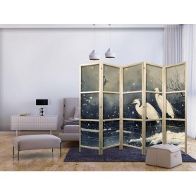 Japanilainen sermi - Herons over a winter pond - Japanese-style illustration in dark colours