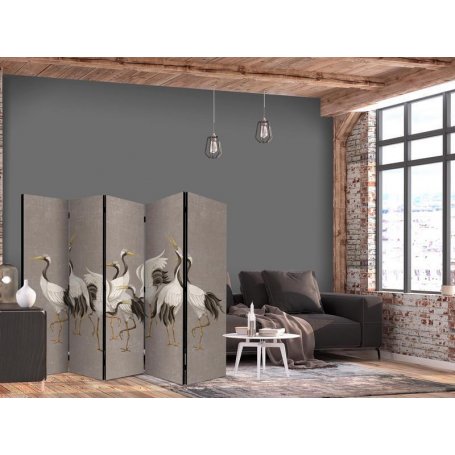 Sermi - Cranes dancing - bright silhouettes of birds on a warm grey background with texture