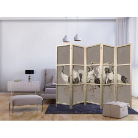 Japanilainen sermi - Crane dance - bright silhouettes of birds on a warm grey background with texture