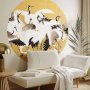 Pyöreä seinämaalaus - Japanese cranes - a flock of birds against a golden background based on a painting by Ishida Yūtei