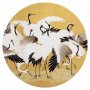 Pyöreä seinämaalaus - Japanese cranes - a flock of birds against a golden background based on a painting by Ishida Yūtei