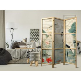 Japanilainen sermi - By an Asian pond - an illustration in the style of a Japanese engraving, depicting a heron