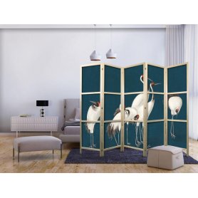 Japanilainen sermi - Evening by the pond - a group of cranes drawn with dry pastels on a dark turquoise background