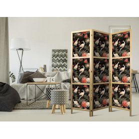 Japanilainen sermi - Ornament with birds - silhouettes of cranes and peony flowers on a dark background