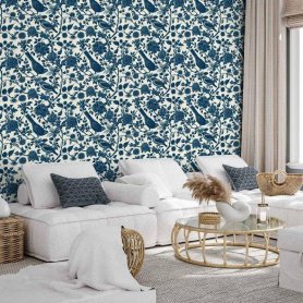 Tapetti - Birds and roses - monochrome blue pattern with botanical motif