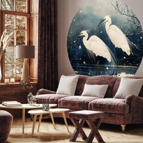 Pyöreä seinämaalaus - Herons over a winter pond - Japanese-style illustration in dark colours