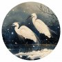 Pyöreä seinämaalaus - Herons over a winter pond - Japanese-style illustration in dark colours