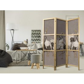 Japanilainen sermi - Crane dance - bright silhouettes of birds on a warm grey background with texture