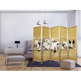 Japanilainen sermi - Japanese cranes - a flock of birds against a golden background based on a painting by Ishida Yūtei