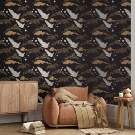Tapetti - Oriental impressions - decorative pattern with a motif of flying cranes on a dark background