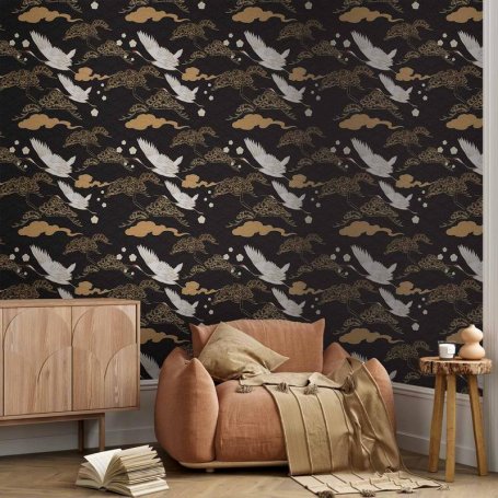 Tapetti - Oriental impressions - decorative pattern with a motif of flying cranes on a dark background