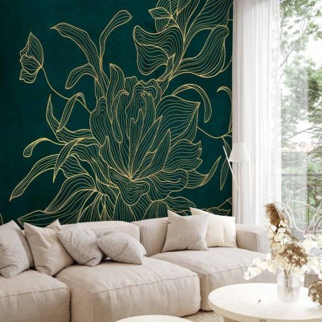 Fototapetti - Green boudoir - linear drawing of a flower in golden colours on a dark background