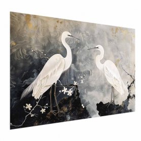 Juliste - Herons and Cherry Blossom - oriental-style illustration depicting birds