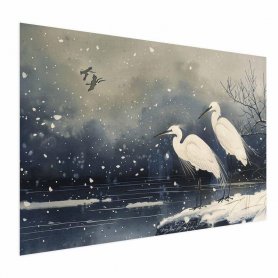 Juliste - Herons over a Winter Pond - illustration in the Japanese style in dark colors
