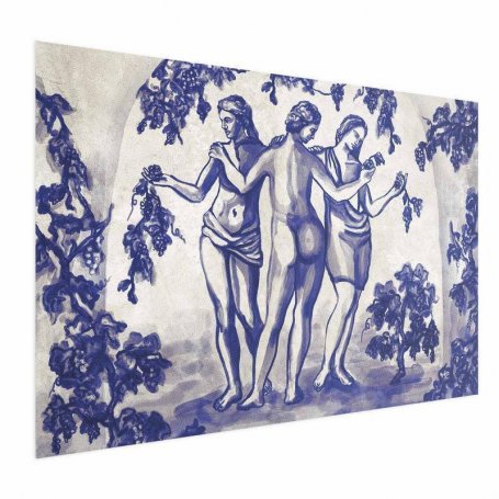 Juliste - Ancient Vineyard - three women in a portal painted in blue ink