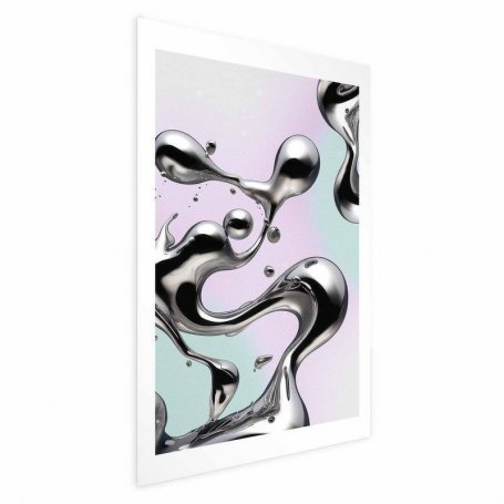 Juliste - Metallic Fluidity - abstract silver forms on a mint-purple background