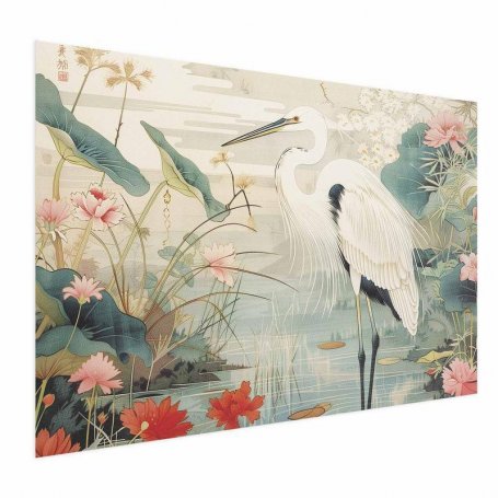 Juliste - Over the Asian Pond - illustration in the Japanese print style featuring a heron