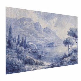 Juliste - Blue Bay - Italian Landscape of Lake Como Painted in Blue Ink