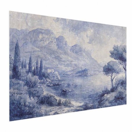 Juliste - Blue Bay - Italian Landscape of Lake Como Painted in Blue Ink