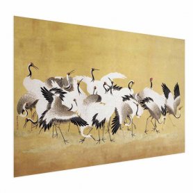 Juliste - Japanese Cranes - a flock of birds against a golden background based on the painting of Ishida Yūtei