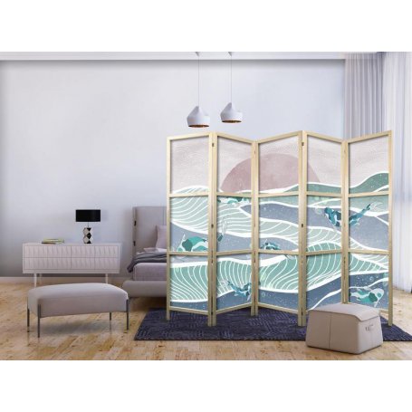 Japanilainen sermi - Koi Fish Among Waves - Japanese Fish Among Waves in Shades of Turquoise and White