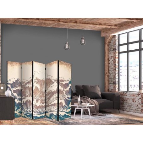 Sermi - Turbulent Ocean - High Waves in Brown And Navy Colors on a Beige Background in Vintage Style