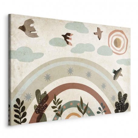 Taulu - Rainbow and Sun Above - Birds in Subdued Colors Flying Among Clouds Above a Rainbow and Various Plants on a Ligh