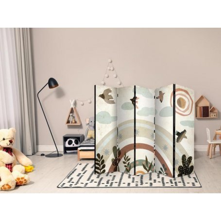 Sermi - Sun Above the Rainbow - Birds in Subdued Colors Flying Among Clouds Above a Rainbow and Vegetation on a Light Be