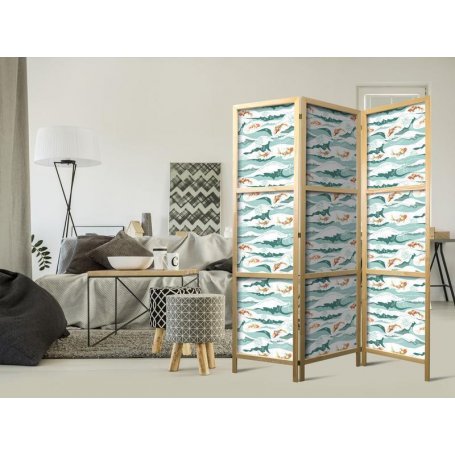 Japanilainen sermi - Fish Jumping Over Waves - Oriental Fish and Water Lilies Among High Waves in Shades of Sea Green