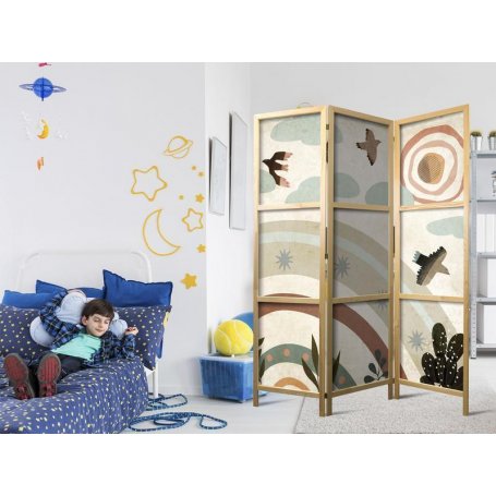 Japanilainen sermi - Sun Above the Rainbow - Birds in Subdued Colors Flying Among Clouds Above a Rainbow and Vegetation 