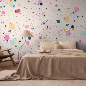 Fototapetti - Dots Speckles and Splatters Multicolored Cheerful Pattern on a Light Pink Background