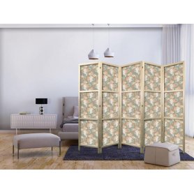 Japanilainen sermi - Little Bouquets - Exotic Flowers and Leaves on a Gray-Green Background