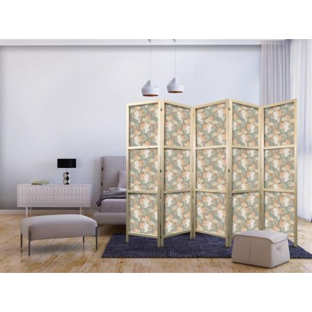 Japanilainen sermi - Little Bouquets - Exotic Flowers and Leaves on a Gray-Green Background