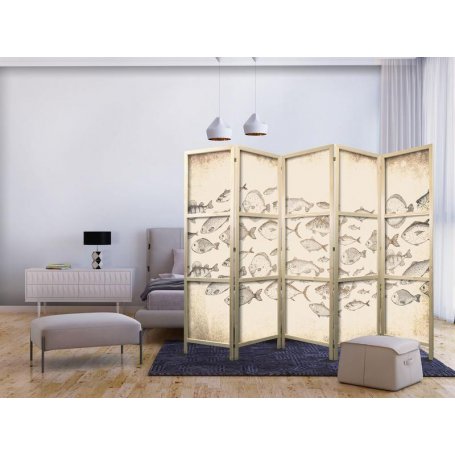 Japanilainen sermi - Sketch of a School of Fish - Sketches of Various Species of Fish Swimming in a School on a Beige Ba