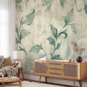 Fototapetti - Watercolor Botanical Motif Delicate Green-Beige Leaves