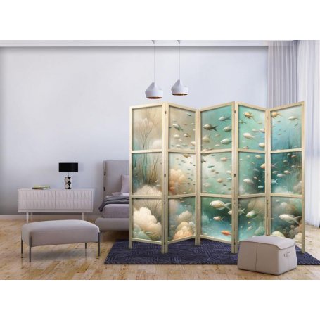 Japanilainen sermi - Spectacular Underwater Landscape - Fish in the Underwater World in Colors of Turquoise Blue Beige a