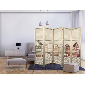 Japanilainen sermi - Solny Square - Colorfully Illustrated Townhouses Against a Sky with Clouds