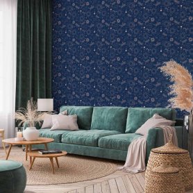 Tapetti - Cosmic Fantasy - Pattern with Suns - Moons - and Dragonflies on a Dark Background