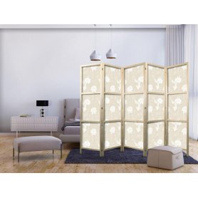 Japanilainen sermi - Fish and Water Lilies - Light Oriental Fish Swimming Among Water Flowers on a Delicate Sand-Beige B