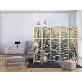 Japanilainen sermi - Life in The Ocean - Underwater World of Fish And Vegetation in Beige And Navy Colors in Retro Style