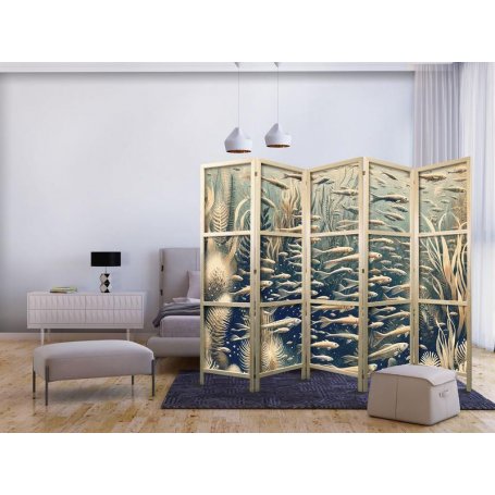 Japanilainen sermi - Life in The Ocean - Underwater World of Fish And Vegetation in Beige And Navy Colors in Retro Style