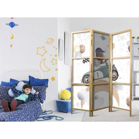 Japanilainen sermi - Galactic Races - Bear Participating in Car Races Among Planets - Clouds - and Stars in Pastel Color