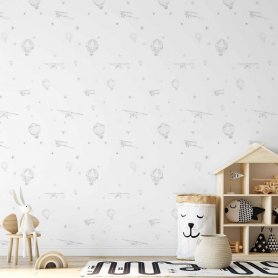 Tapetti - Watercolor - Airplanes and balloons painted on a white sky background