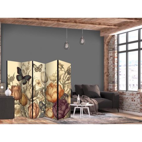 Sermi - Tulips in Cream - Illustration of Flowers and Butterflies on a Light Background