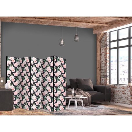 Sermi - Peonies - Pink Flowers and Green Leaves on a Graphite Background