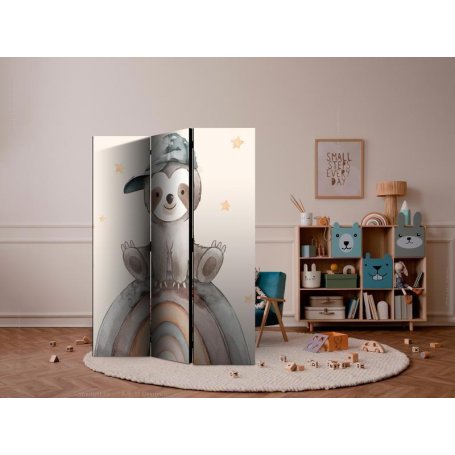 Sermi - Happy Sloth - Sloth in Muted Colors - Wearing a Cap - Sitting on a Rainbow Among the Stars