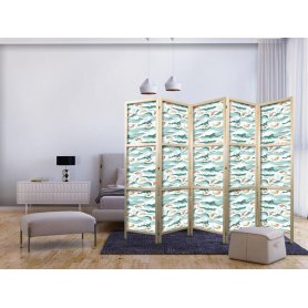 Japanilainen sermi - Fish Jumping Over Waves - Oriental Fish and Water Lilies Among High Waves in Shades of Sea Green