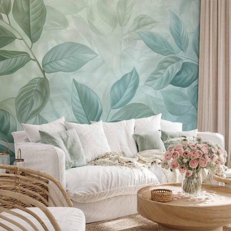 Fototapetti - Large Leaves in Shades of Green-Mint: Botanical Motif