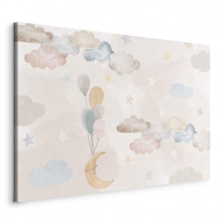 Taulu - Fairy-Tale Moon - Pastel Moon with Balloons Among Colorful Clouds and Stars in Subdued Colors on a Light Backgro